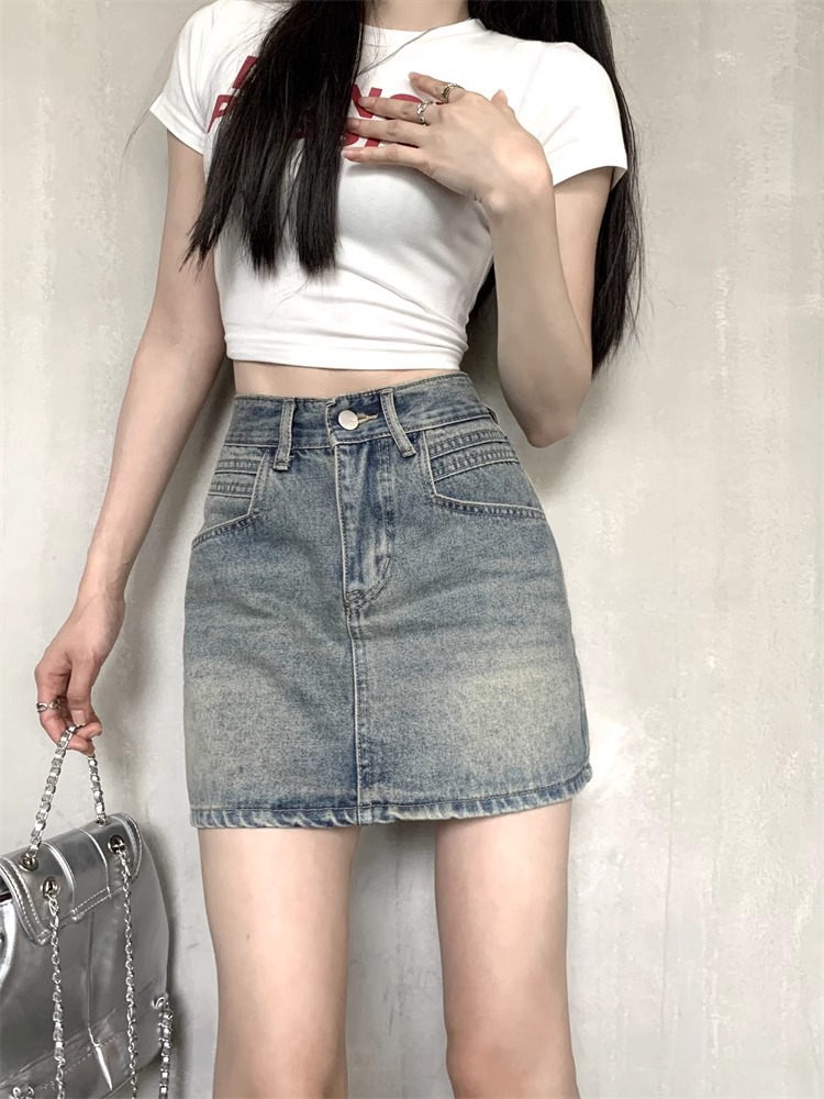 Vintage Denim Short Skirt for Women 2025 Summer High-Waisted Versatile Bodycon Skirt Slimming A-Line Skirt