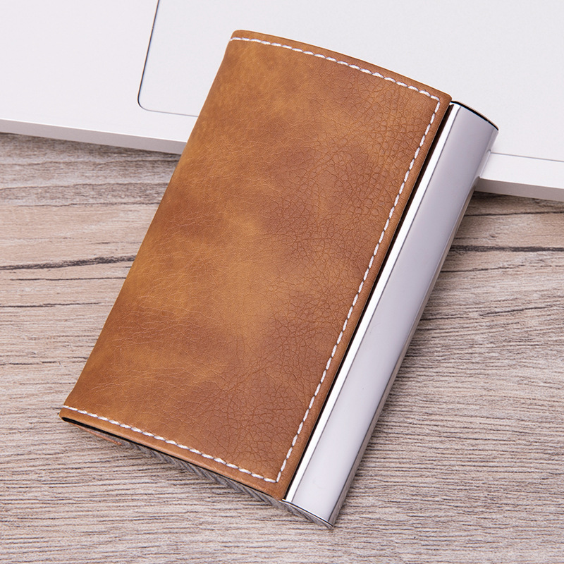 Factory wholesale half arc stainless steel PU business card case metal business card holder creative gift company LOGO