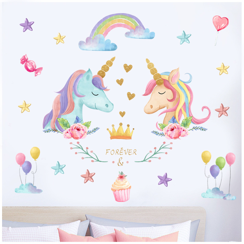Kunshang Cross-border Source New Unicorn Rainbow Wall Stickers Living Room Bedroom Children's Room Decorative Stickers KSY-3
