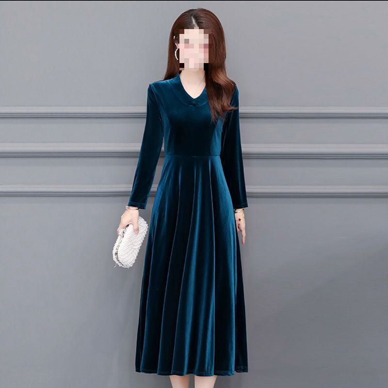 Cross-border high-grade gold velvet foreign style dress spring autumn winter long skirt mother base cheongsam belly covering temperament trend