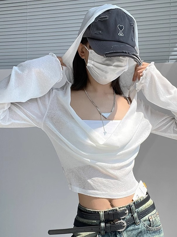 American Style Autumn Hot Girl Slim-Fit Slimming Hooded Long-Sleeved Shoulder T-Shirt Thin Niche Design Sense Fashion Top Instagram
