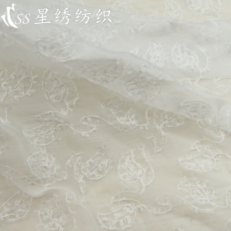 Boutique silk-like wrinkled embroidery fabric three-dimensional hook thread embroidery leaf sunscreen clothing perspective chiffon top embroidered cloth