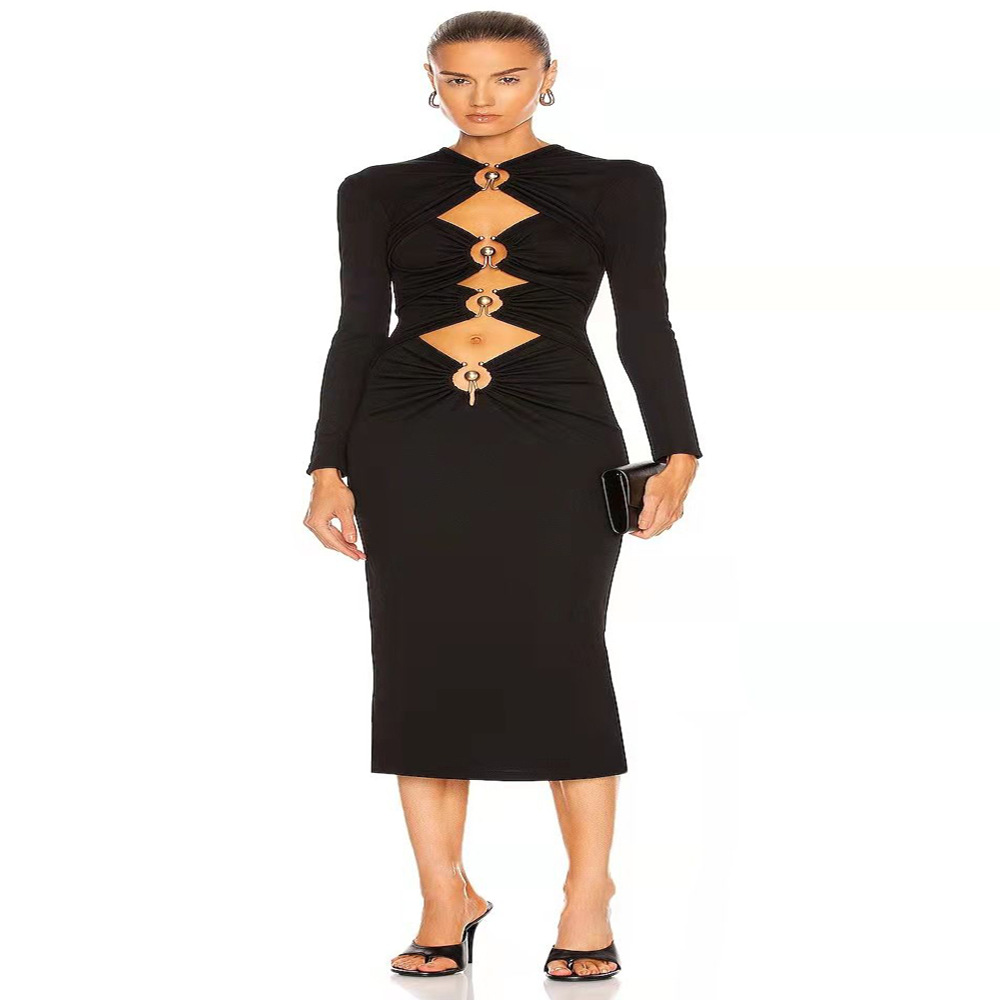 2022 winter Europe and the United States cross-border foreign trade Hevnig black long sleeve hollow metal buckle sexy bandage dress