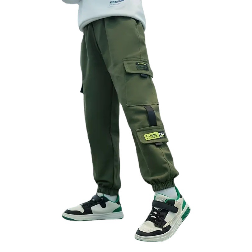 Boys' Autumn and Winter Casual Pants 2024 Children's Korean Style Buttoned Wide-Leg Trousers for Older Children Fleece-Lined High-Waisted Wide-Leg Pants