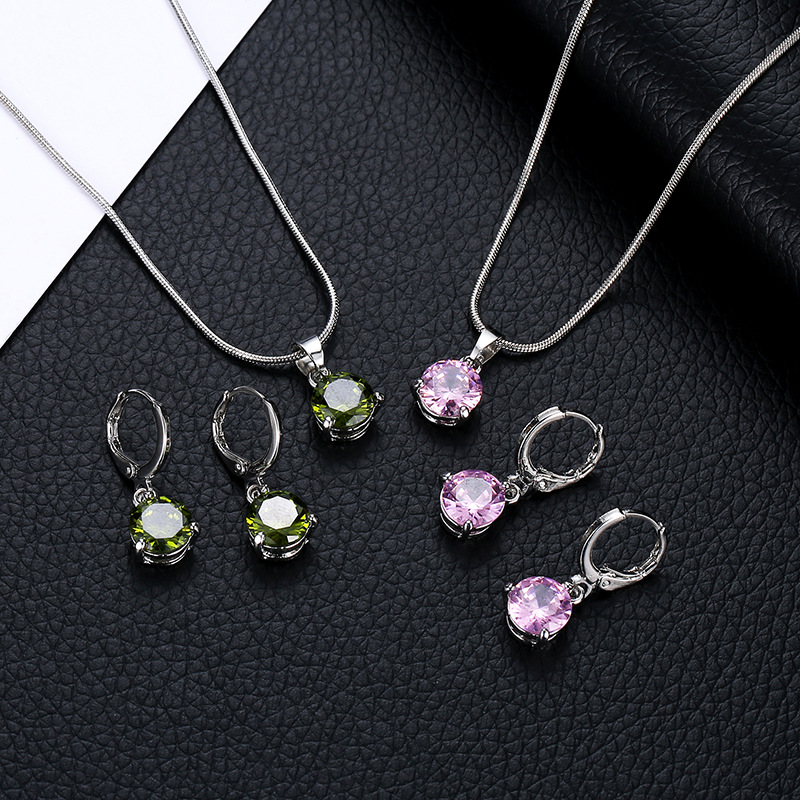 New AliExpress Simple Fashion Elegant Jewelry Combination Necklace Earrings suit Round Multicolor Zircon Pendant
