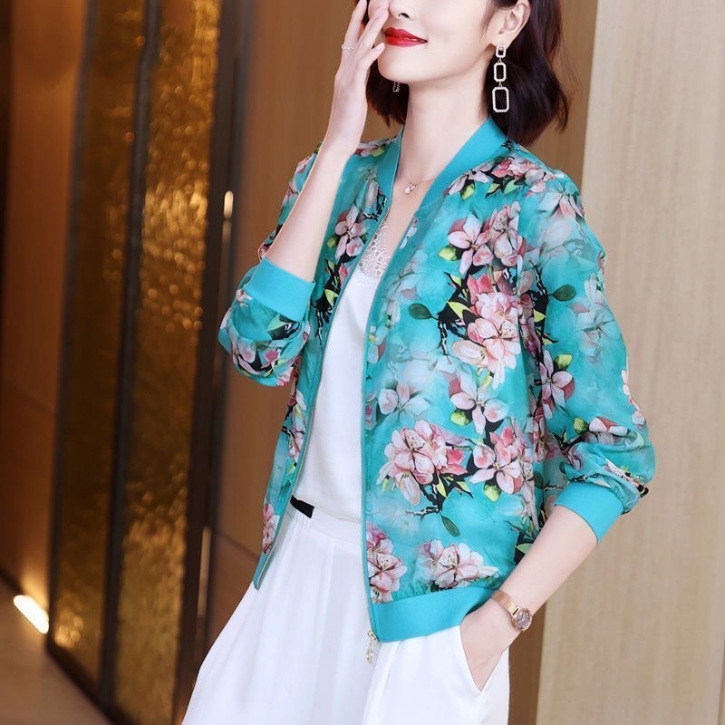 Picture of Chiffon thin air conditioning sun protection coat women's Korean-style long-sleeved zipper baseball uniform printed loose short coat