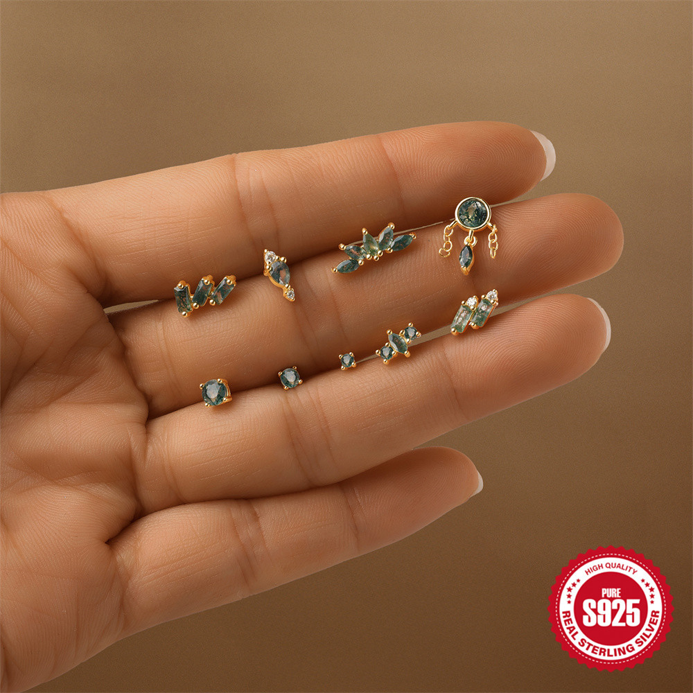 Picture of New S925 Sterling Silver Geometric Splicing Natural Moss Water Grass Water Drop Agate Flat Head Threaded Piercing Earrings