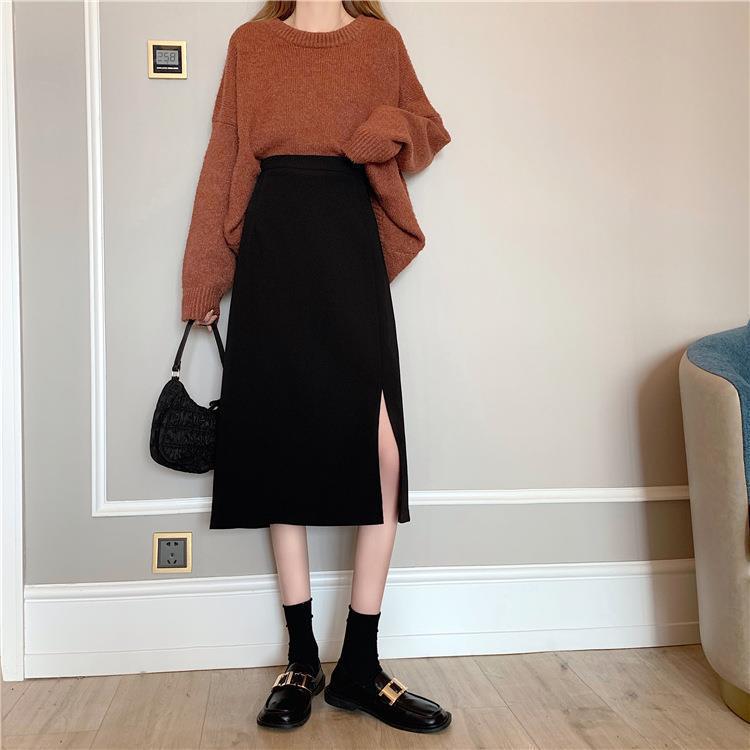 Autumn New plus size Split Half-length Skirt M High Waist Mid-length A- line Skirt Slimming One-step Hip Skirt for Female Students