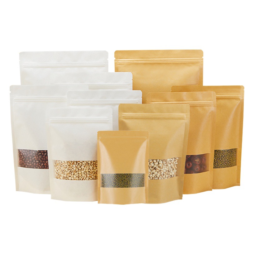 Kraft Paper Bag Window Opening Self-standing Bag Storage Frosted Thickened Oil-proof in stock Tea Food Packaging Bag Self-sealing Bag