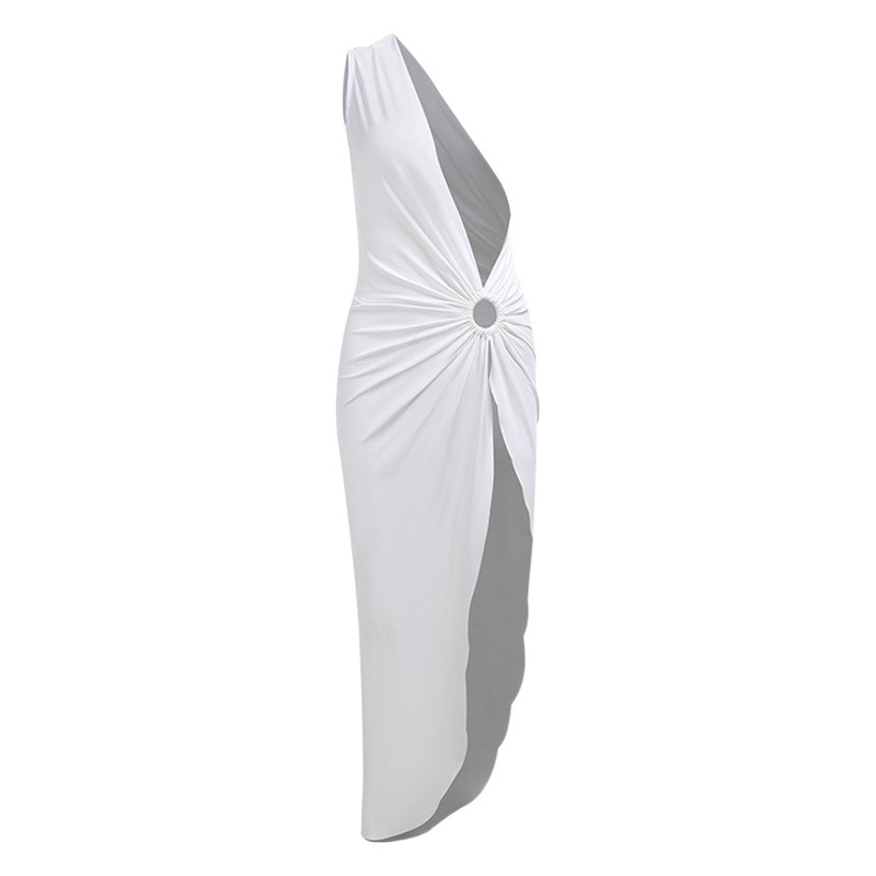 Summer shoulder neck irregular dress European and American women's autumn sexy temperament commuter dress wholesale