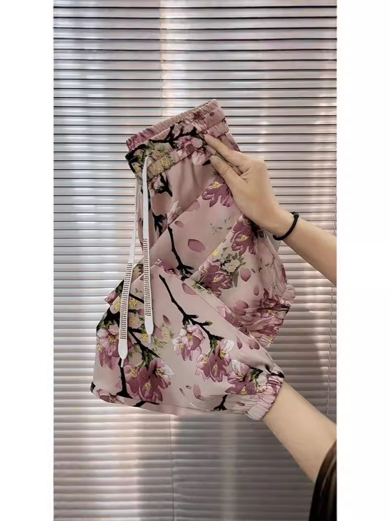 2024 Summer Ice Silk Ink Bamboo Printing and Dyeing Cool Shaking Pants Fashion Western Style Nine-point Casual Pants All-match Harlan Pants