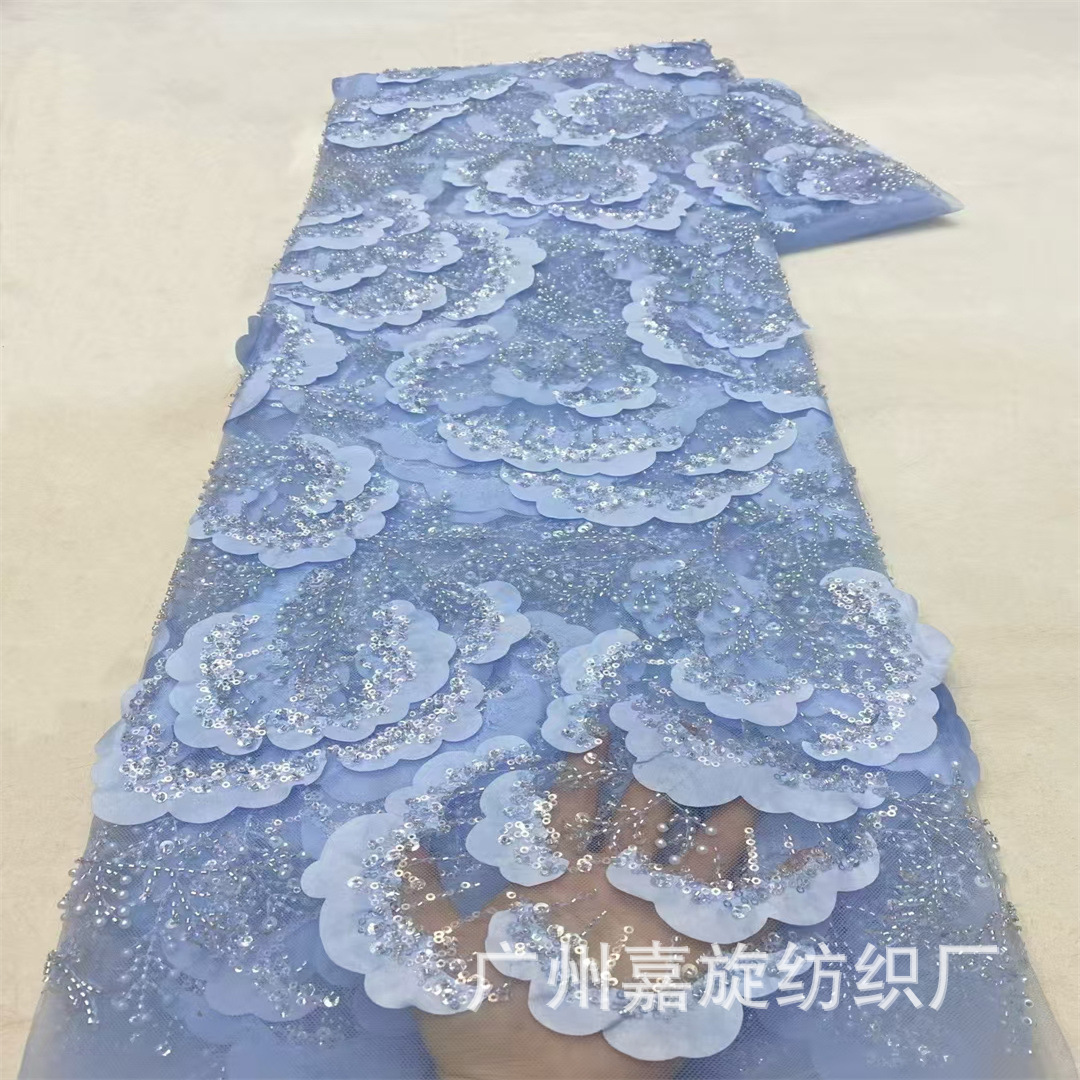 Cross-border 3D three-dimensional encryption rose embroidered satin satin beaded bridal gown banquet costume fabric lace