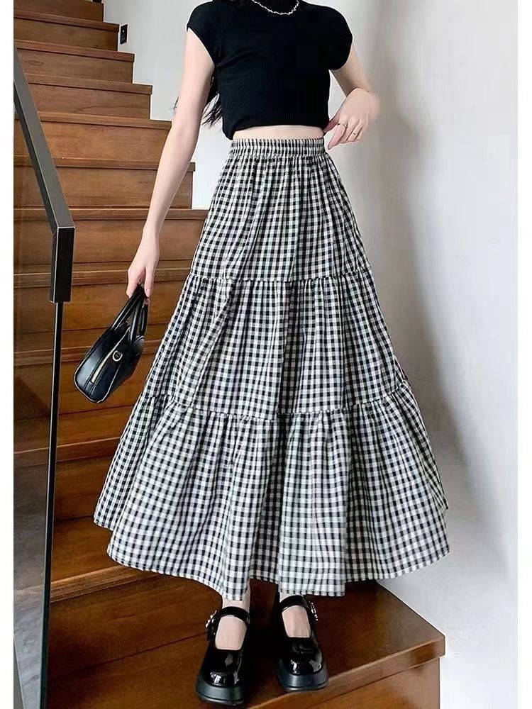 Plaid Long Skirt for Women Summer New High-Waisted Large-Swing Umbrella Skirt A-Line Mid-Length Slim Retro Checkered Skirt