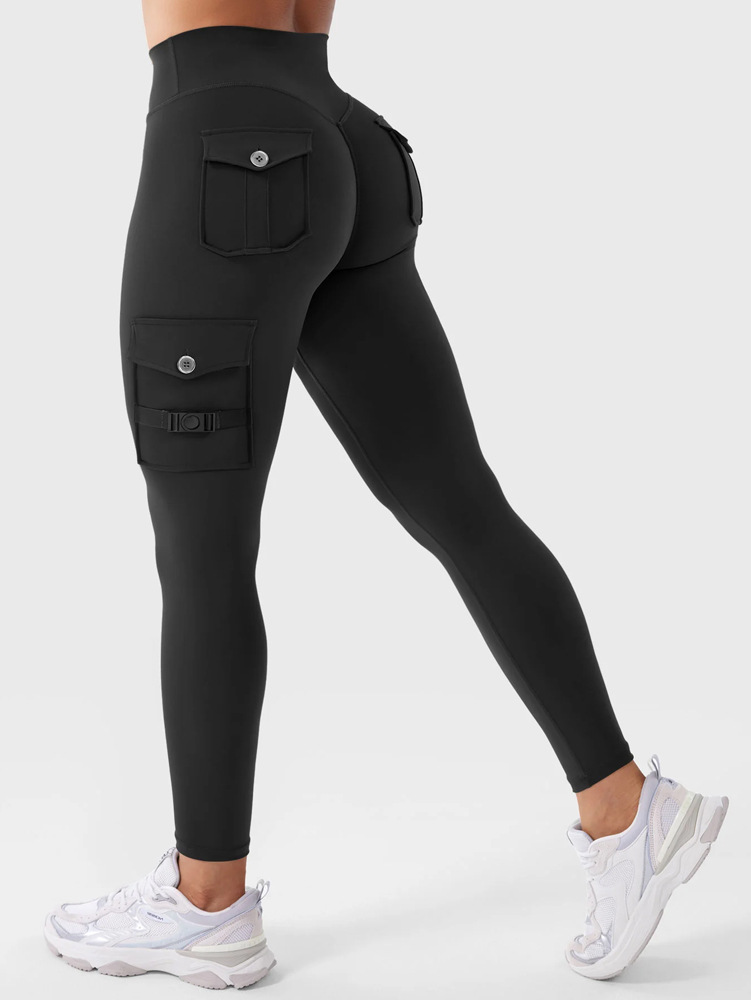Shein 2025 New Women's Solid Color Tight Elastic Sports Pocket High-Waisted Butt-Lifting Yoga Pants