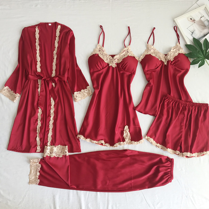 Cross-border supply of imitation silk pajamas sexy underwear five-piece sling sexy ladies home clothes Europe and the United States to sleep