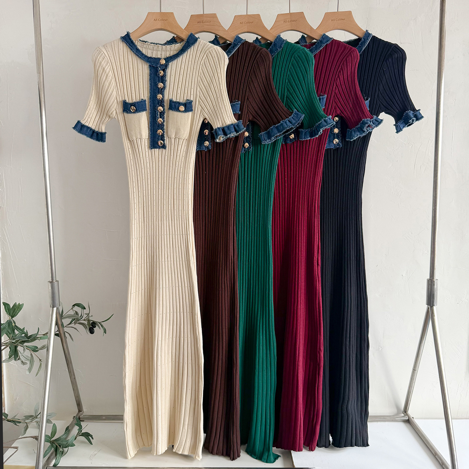 Cross-border European and American Women's AliExpress Explosion Denim Stitching Knitted Long Dress Tight Short-sleeved Knitted dress Women