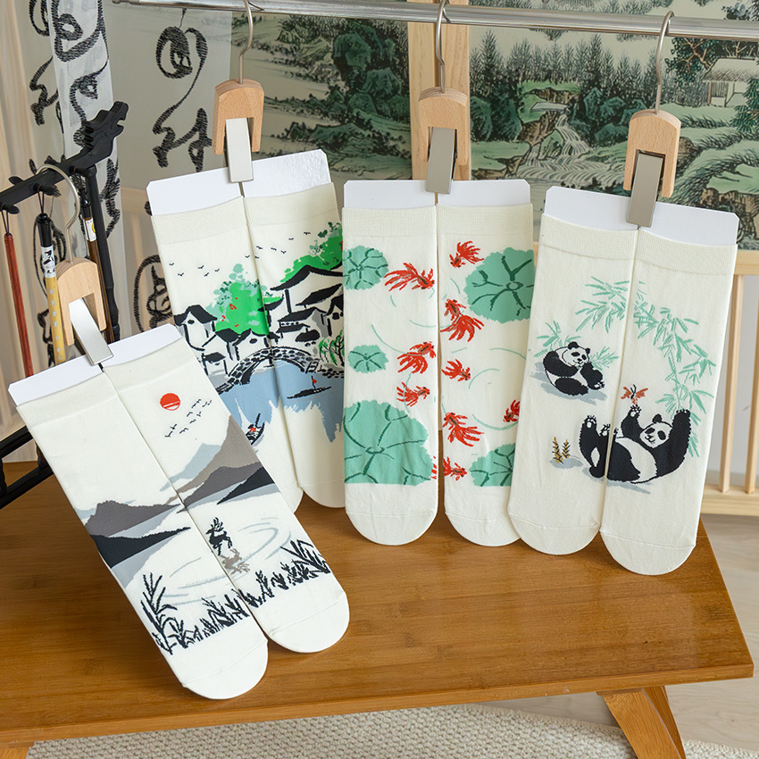 Ancient Style National Fashion mid-calf length socks women's cotton breathable autumn and winter cotton socks with hanfu cheongsam ink painting element stockings