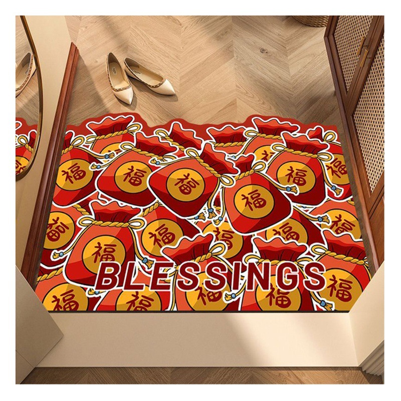 Festive Red New Year floor mat household absorbent soundproof Crystal velvet floor mat easy to care non-slip entrance door floor mat