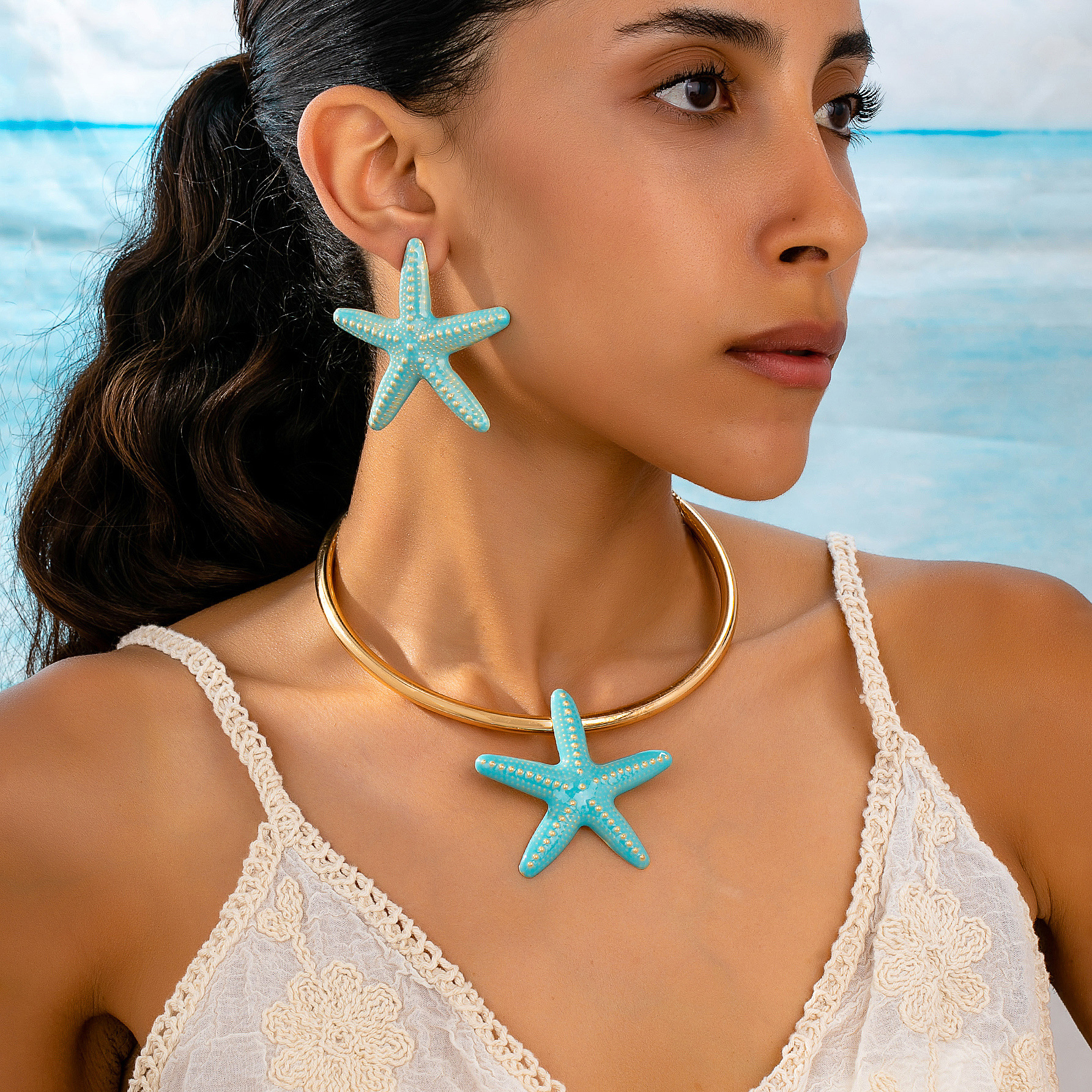 Cross-Border Hot Selling Ocean Style Summer Niche Oil Dripping Starfish Earrings and Collars Suitable for Women to Wear on Beach Vacations