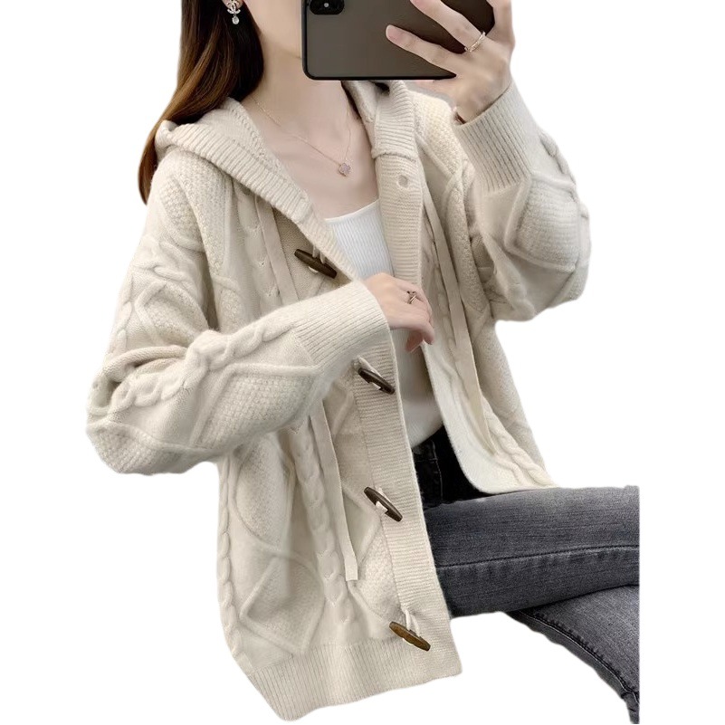 Picture of Hooded sweater coat for women 2023 new spring and autumn Korean style loose lazy style twist knitted cardigan women's top