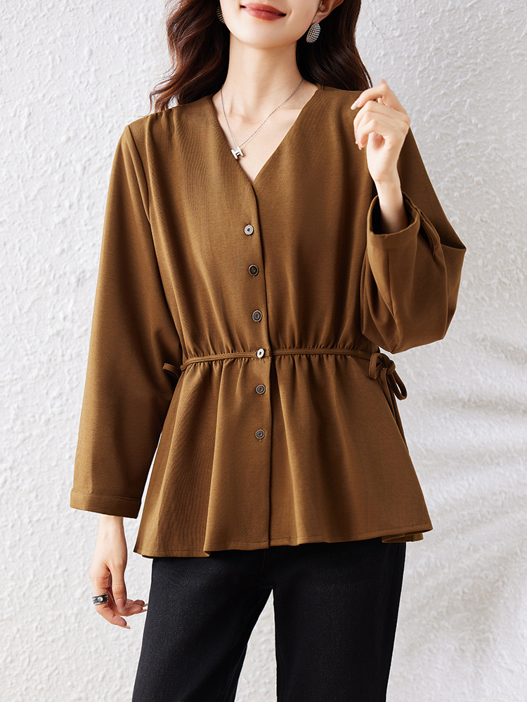 Picture of Real Shot of Ready-Made Elegant V Neck Sweatshirt for Women in Autum 2025 New Loose Large Size Pinch Pleat Waist Design Top