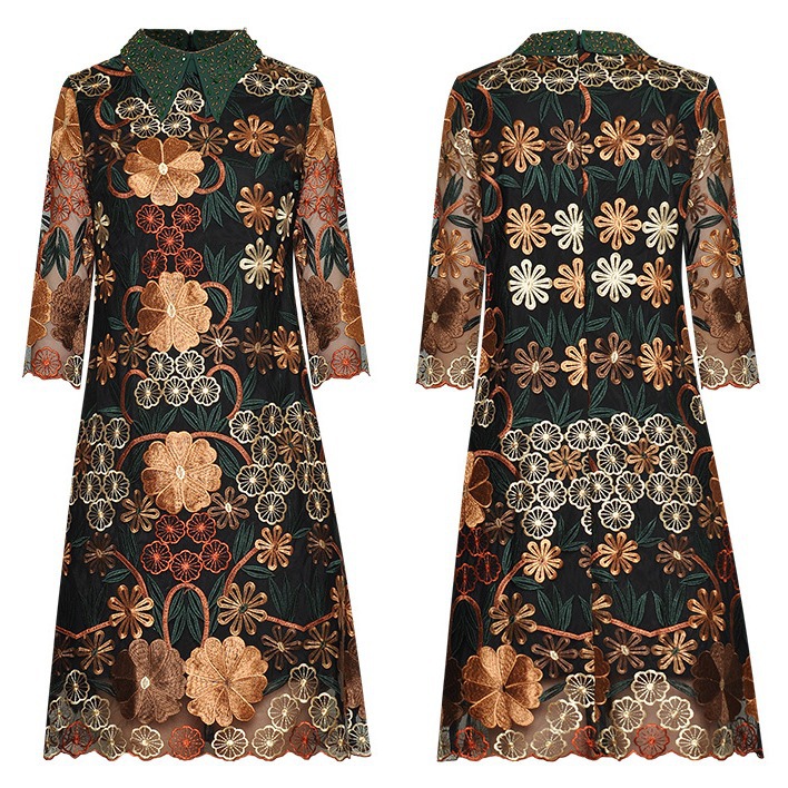 Picture of Lapel Beaded Three-point Sleeve Heavy Industry Mesh Embroidery A- word Loose Plus Size Retro Dress One-step Skirt