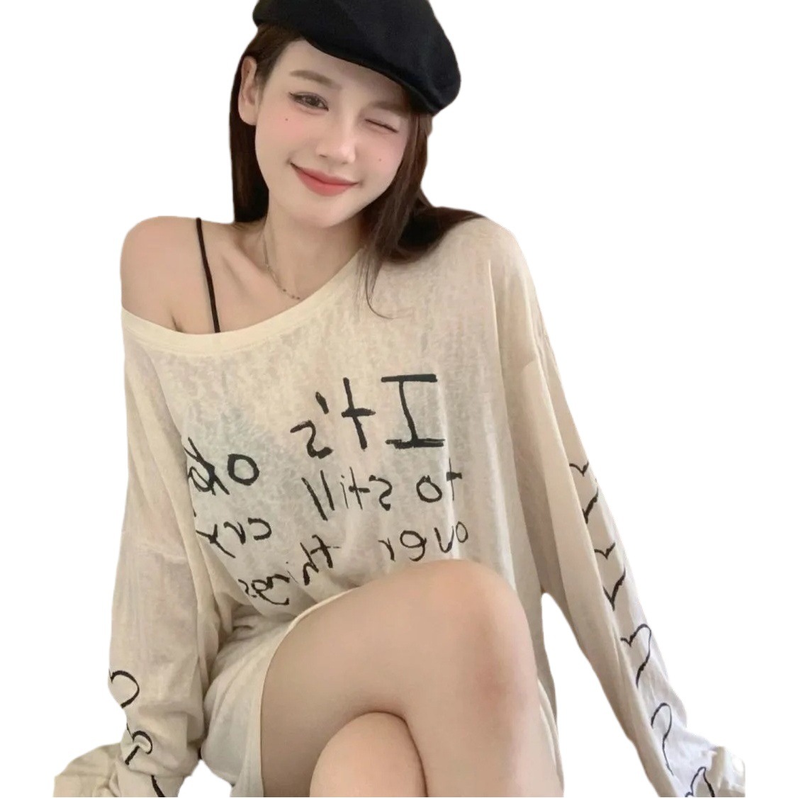 Lazy Style Personalized Letter Printing Long-sleeved T-shirt Women's Summer Loose Slimming Thin Sunscreen Air Conditioning Blouse Top