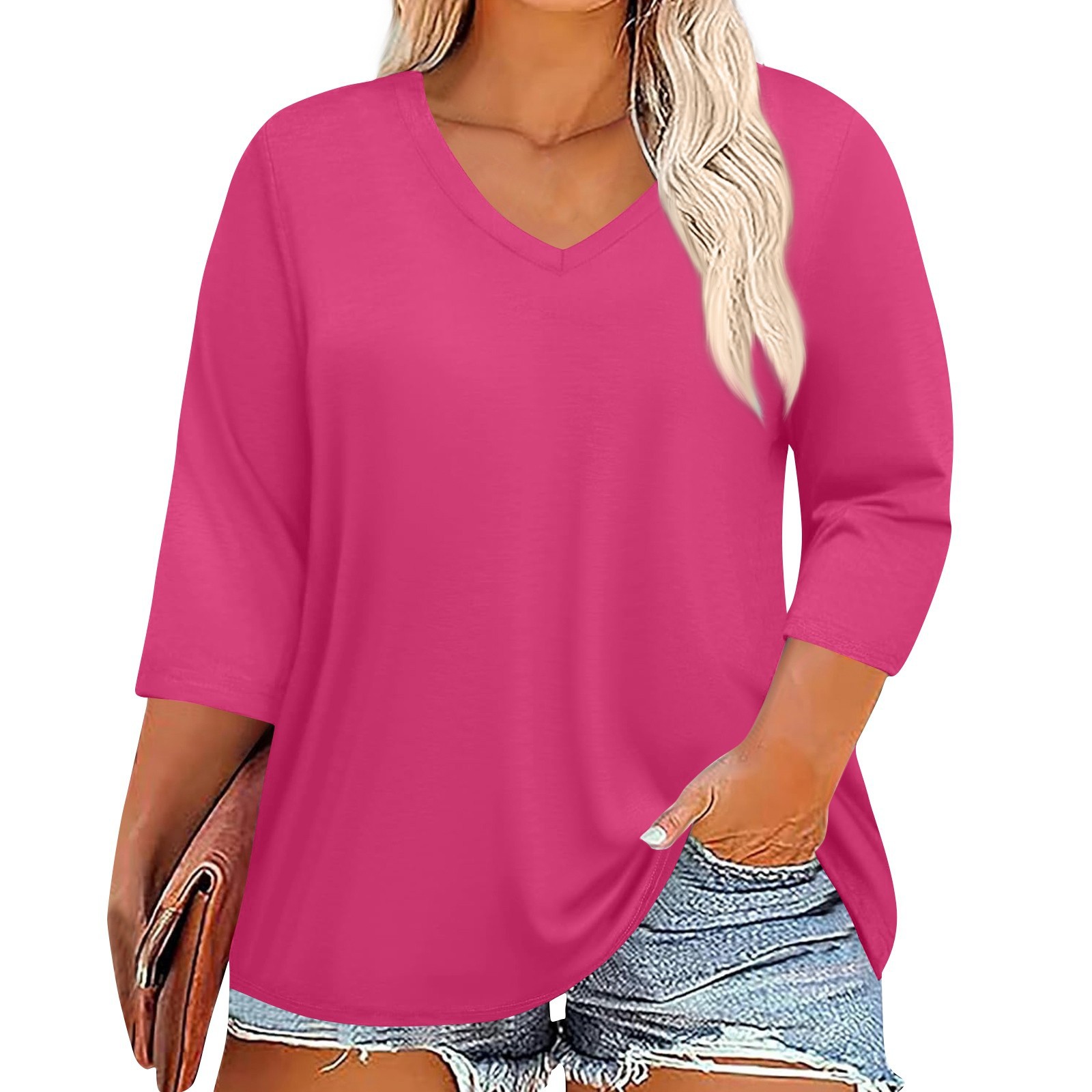 Picture of 2025 Cross-Border Amazon New Women's Large Size Fat Model V-Neck 7-Quarter Sleeve Pure Color Top