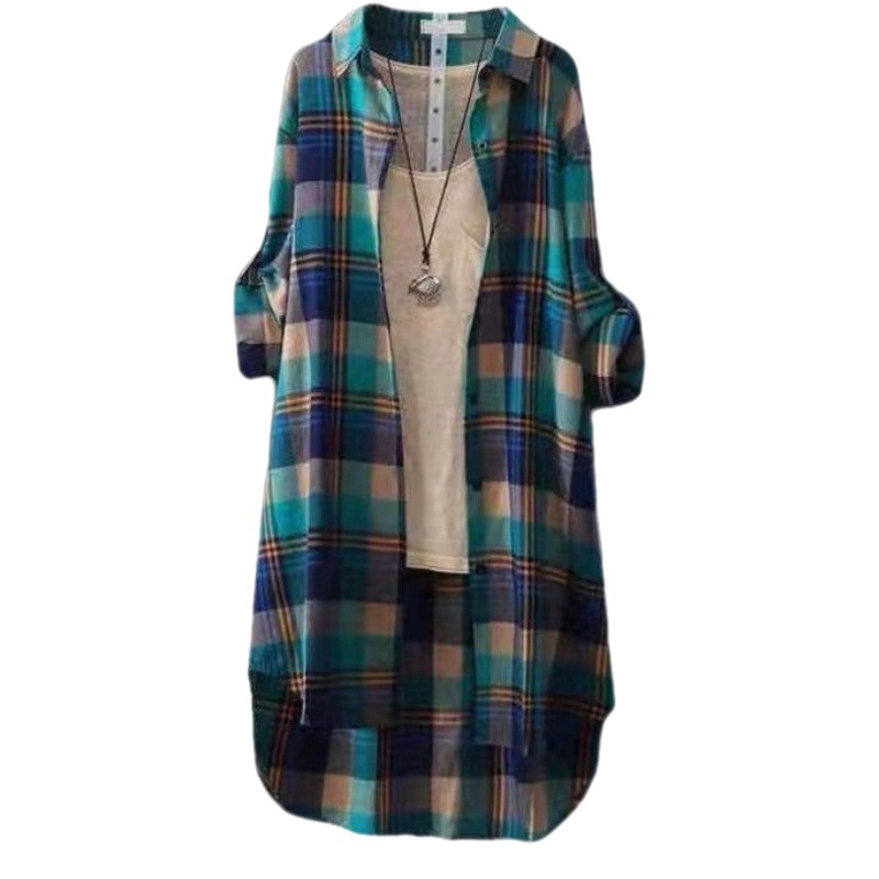 Plus Size Spring and Summer Mid-Length Shirts for Women, Loose Long-Sleeved Sun Protection Plaid Outer Wear, Elegant Commuter Shirts, European and American Style