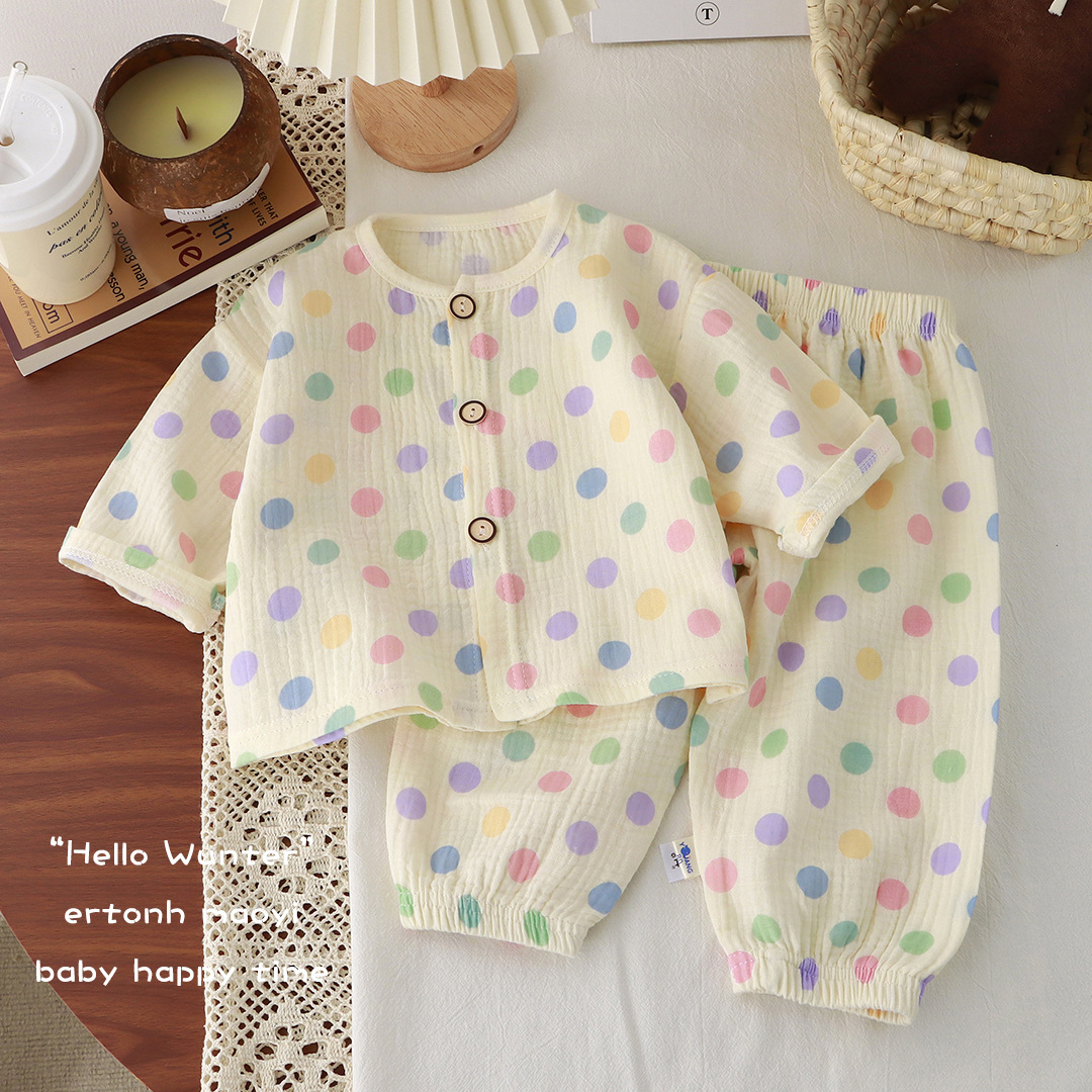 Picture of New Kidsren's Thin Double-Layer Pure Cotton Gauze Pajamas Summer Baby Home Clothes Boys and Girls Long-Sleeved Spring & Fall Suits