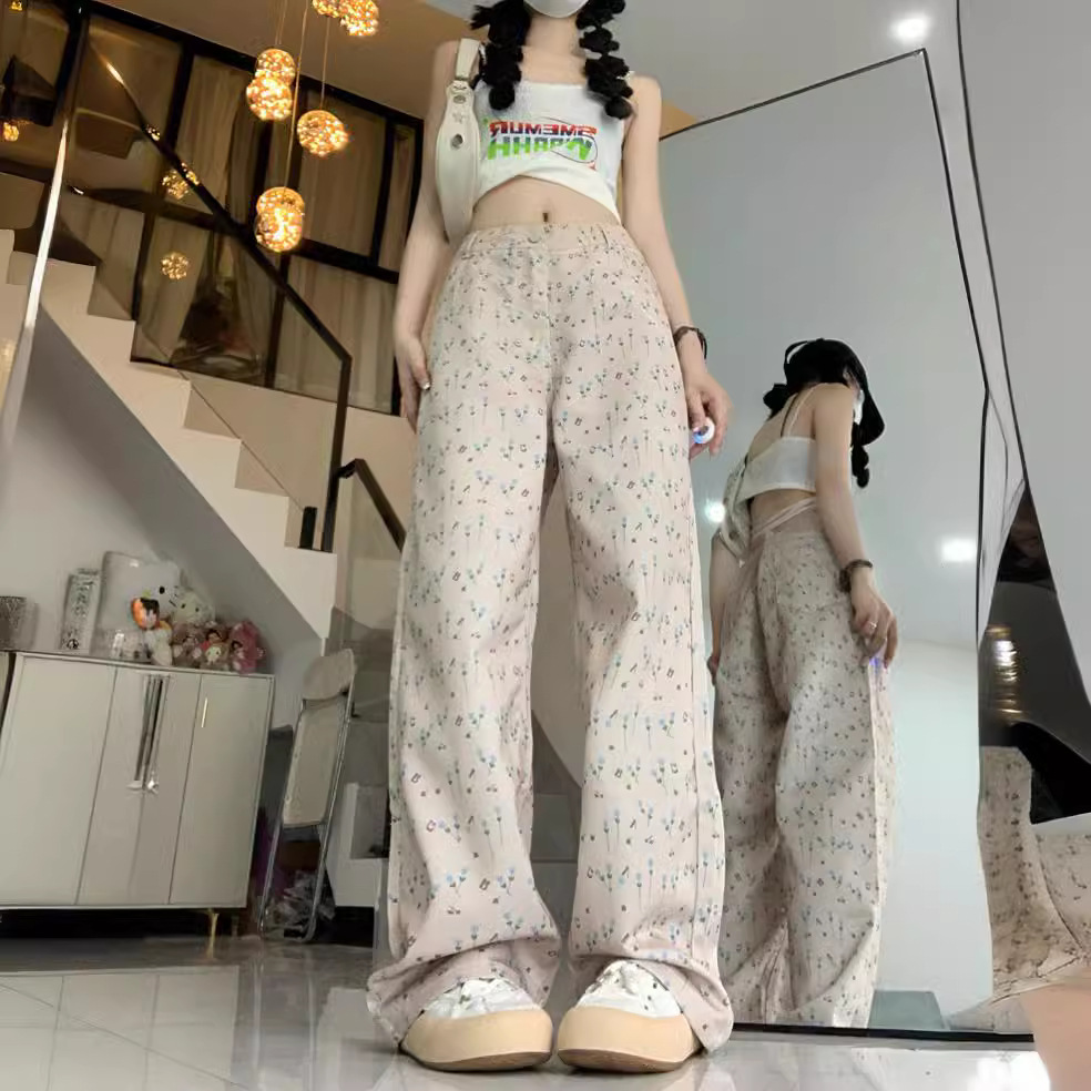 Korean Style Floral Straight Jeans Women's Spring and Summer 2024 New High Waist Loose Slimming Pants with Wide Legs