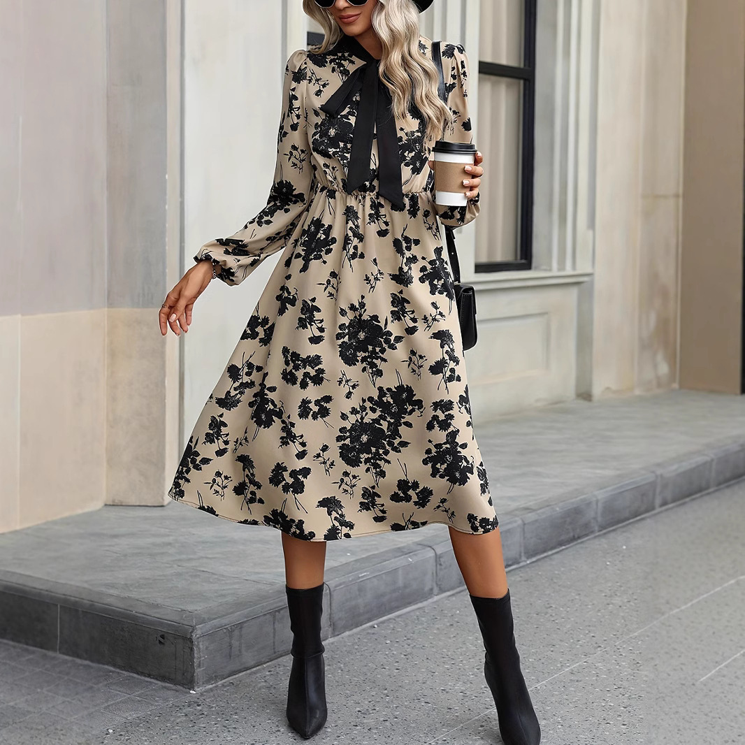 Spring 2025 New Cross-border Foreign Trade European and American Floral dress Long Sleeve Nair Lace Mid-length A- line Skirt for Women
