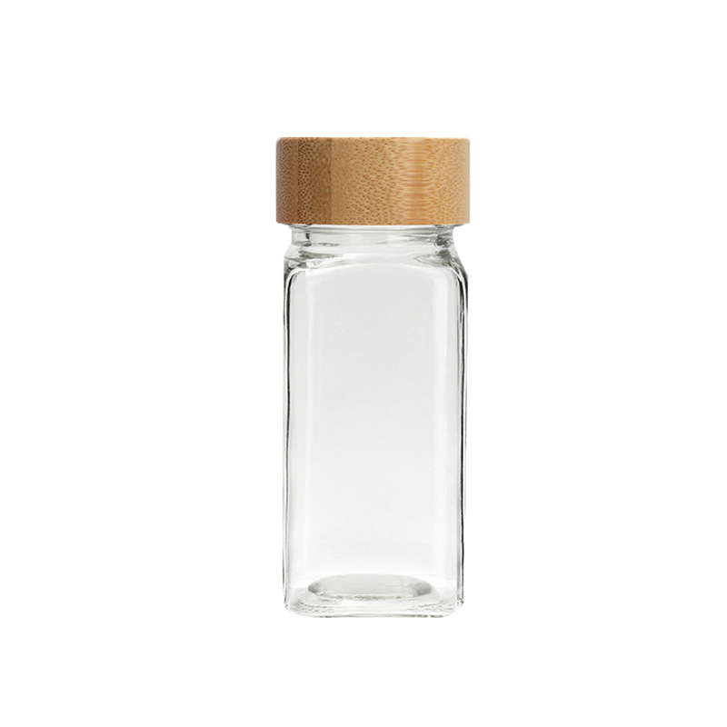 Picture of Wholesale Acacia Wood Cap Seasoning Bottle 120ml Square Lead-Free Glass Seasoning Jar Kitchen Spice Bottle 4oz Seasoning Bottle