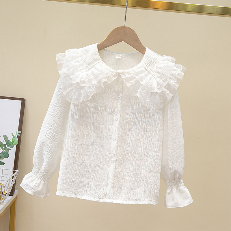 Picture of Girls Thin Shirt 2025 Spring and Summer New Children's Clothing Girls Summer Chiffon Shirt White Doll Collar Top