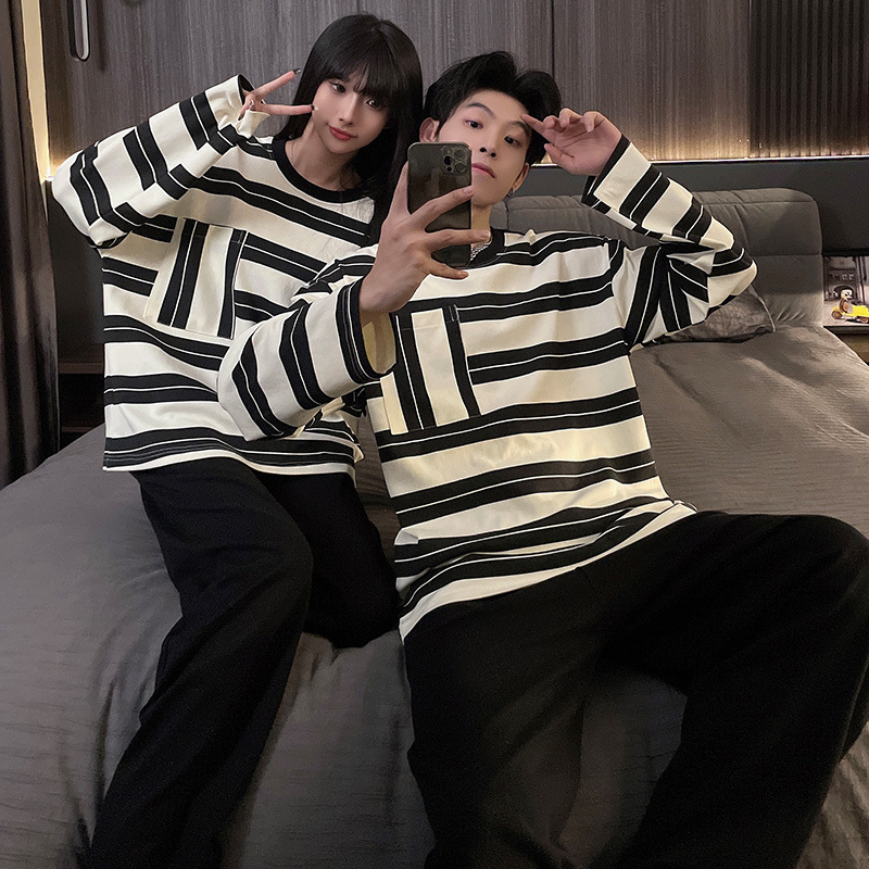 Korean Style Stripesd Couple Pajamas Long-Sleeved Pants for Men and Women Spring and Autum Imitation Cotton Stripesd Plus Size Home Clothes Set