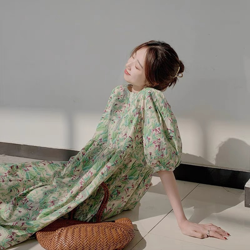 Picture of plus size French Style Retro Floral dress Women's Summer New High-end Loose Slimming Sweet Puff Sleeve Long Dress