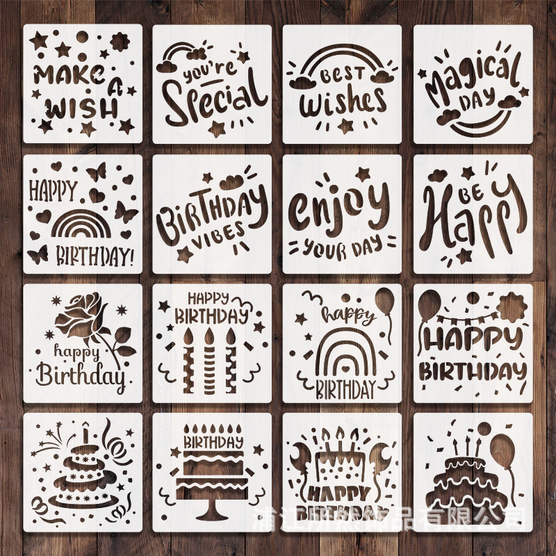 16 cross-border hollow plastic painting template happy birthday cake birthday party diy decoration blessing Template