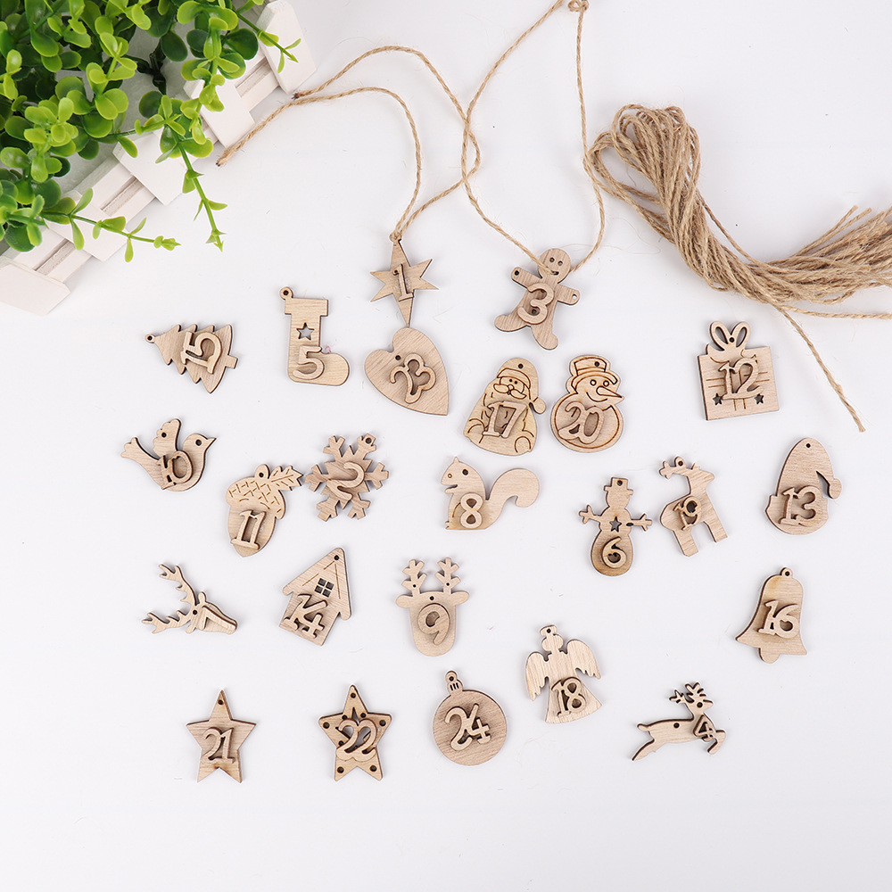 Picture of Creative Christmas Calendar Pendant Wooden Label 24 Digital Countdown Gift Bag Hanging Craft