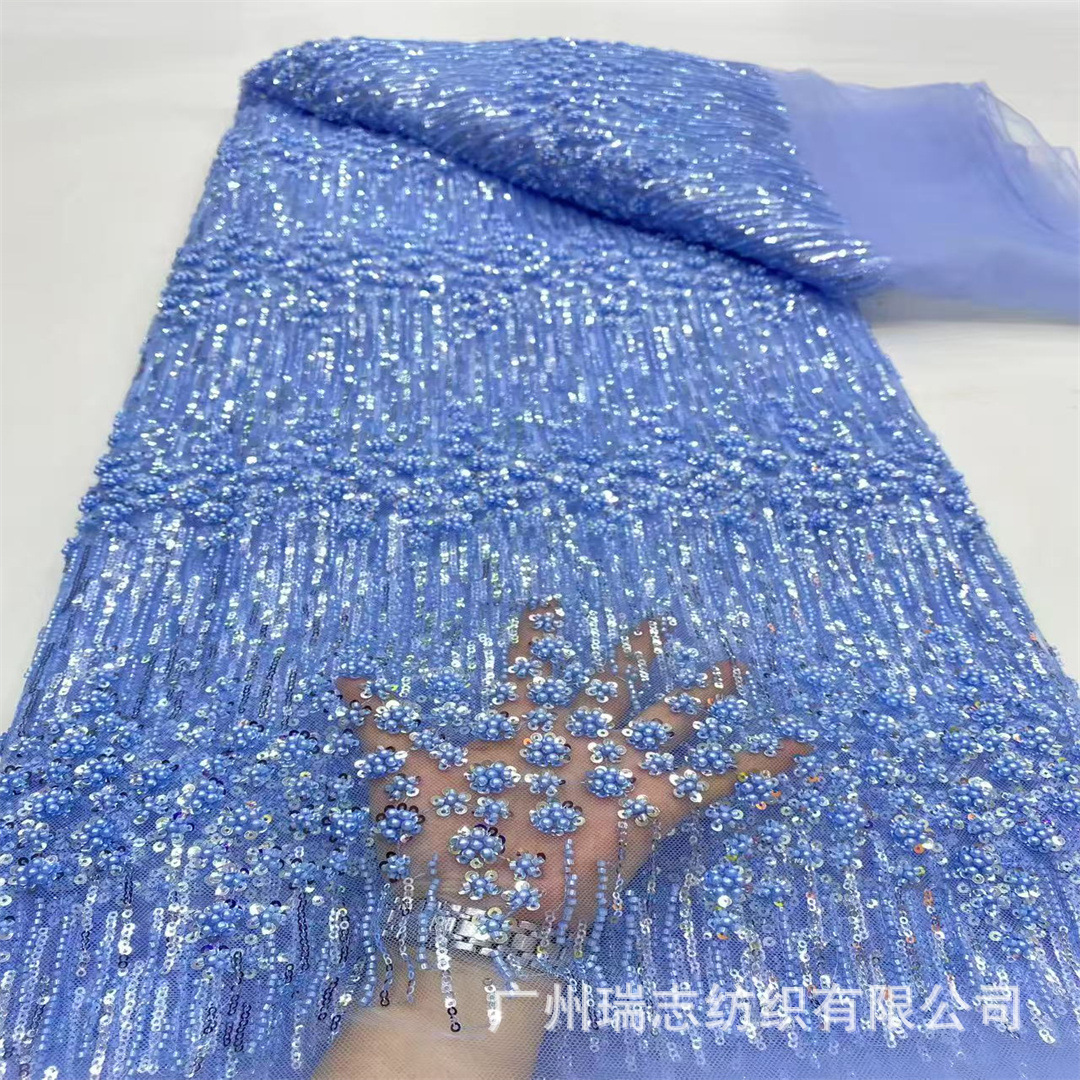 European and American Vertical Stripes Mesh Tube Beads Sequin Embroidered Cloth Dress Wedding Evening Dress Children's Clothing Lace Fabric Beaded