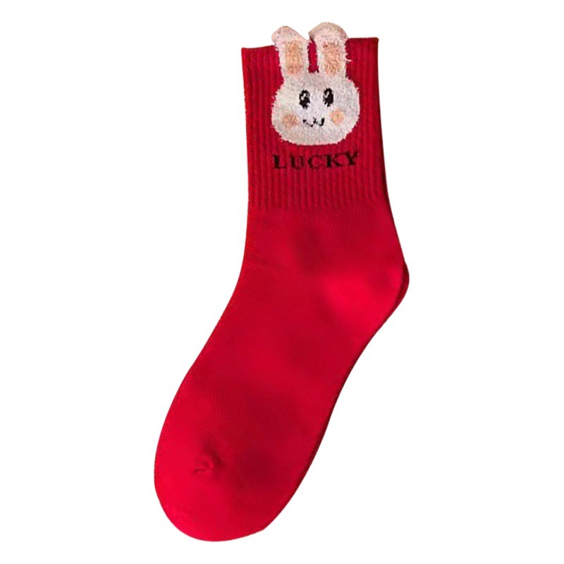 Buming Year Red Socks Autumn and Winter Plush Rabbit Mid-Year Stockings Couple Love Stockings New Year All-Match Wedding Stockings