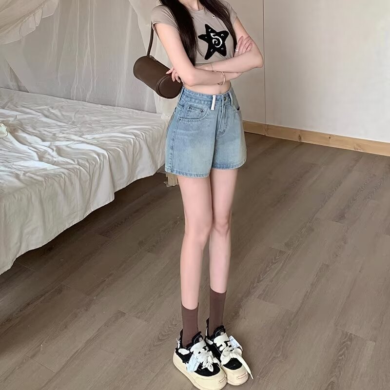 Contrast Color Denim Shorts Women's Summer 2024 New High Waist A- shaped Loose Slimming Small Tassel Wide-leg Hot Pants