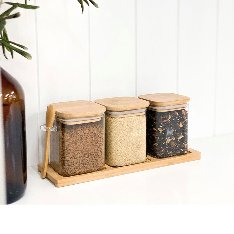Picture of Light Luxury Kitchen Supplies Seasoning Jar Full Set Household Glass Jar Wooden Spoon Sealed Jar Combination Three-piece Seasoning Bottle