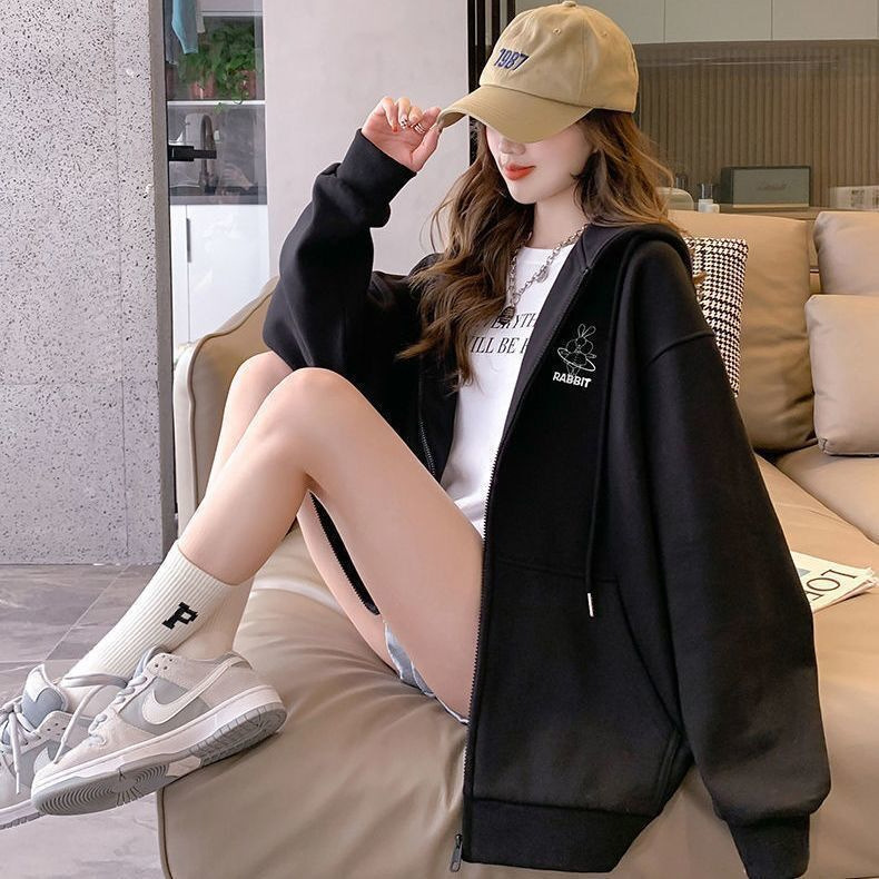 Picture of Embroidered hooded sweater women's autumn and winter fleece-lined thickened loose plus size college style casual hooded sweater cardigan coat