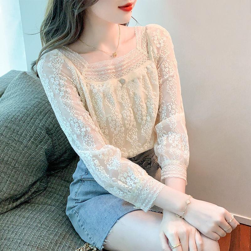 Picture of Lace Base Shirt Women's Wear Autumn and Winter 2024 New Fashion Western Style Square Collar Chiffon Shirt All-match Top