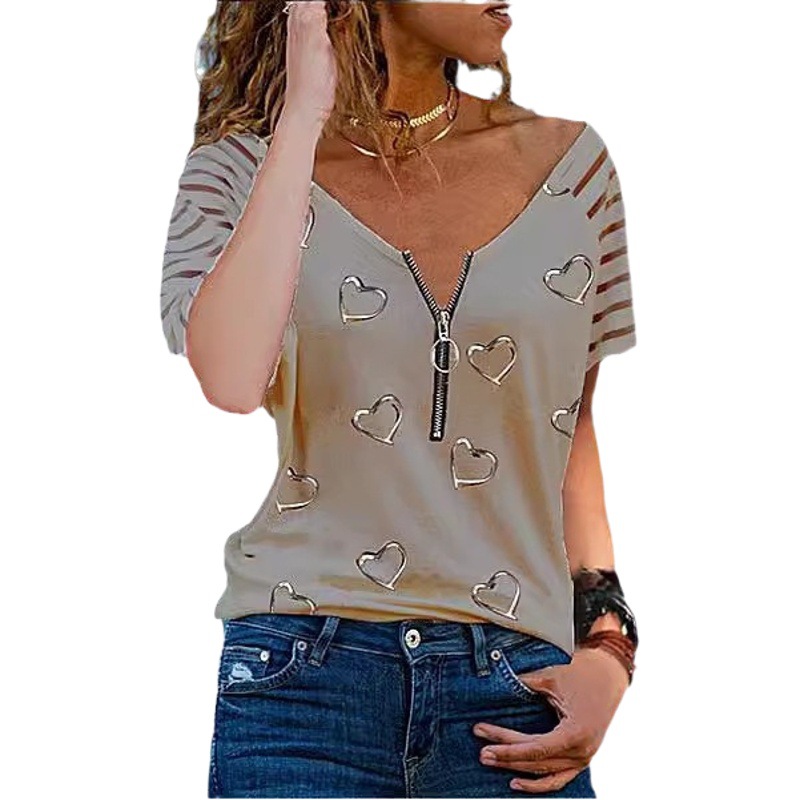 Cross-border Foreign Trade Europe and America Spring New Amazon AliExpress WISH Long Sleeve Love Printed V-neck Zipper T-shirt