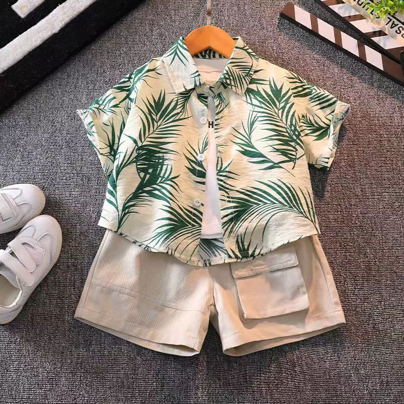Picture of Children's Short-Sleeved Shirt Summer Beach Seaside Boy Floral Shirt Hong Kong Style Baby Summer Top Boy Shorts Suit
