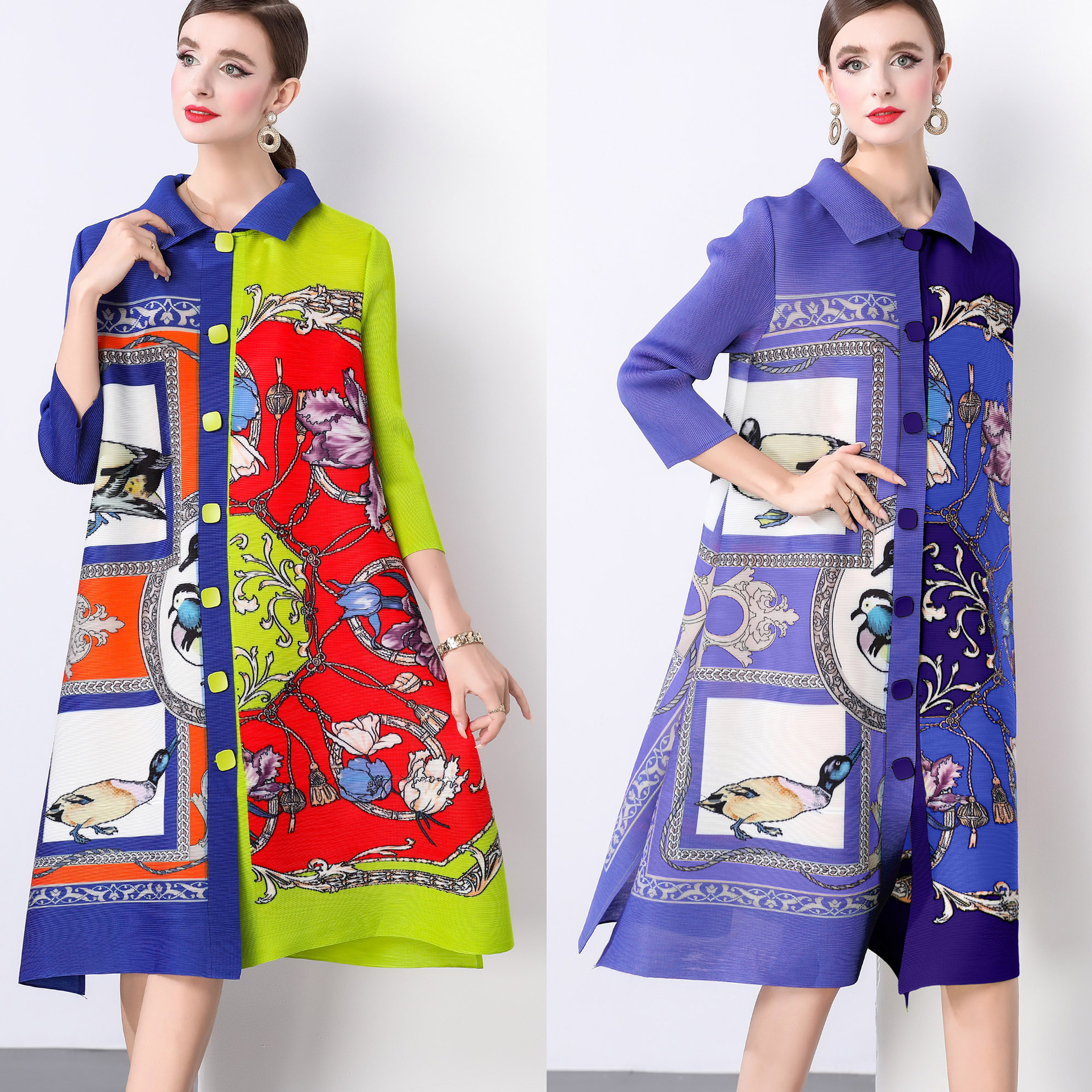 Autumn 2024 Mid-length Loose Printed Slimming Age-reducing plus size mm Lapel Pleated Nine-point Sleeve dress