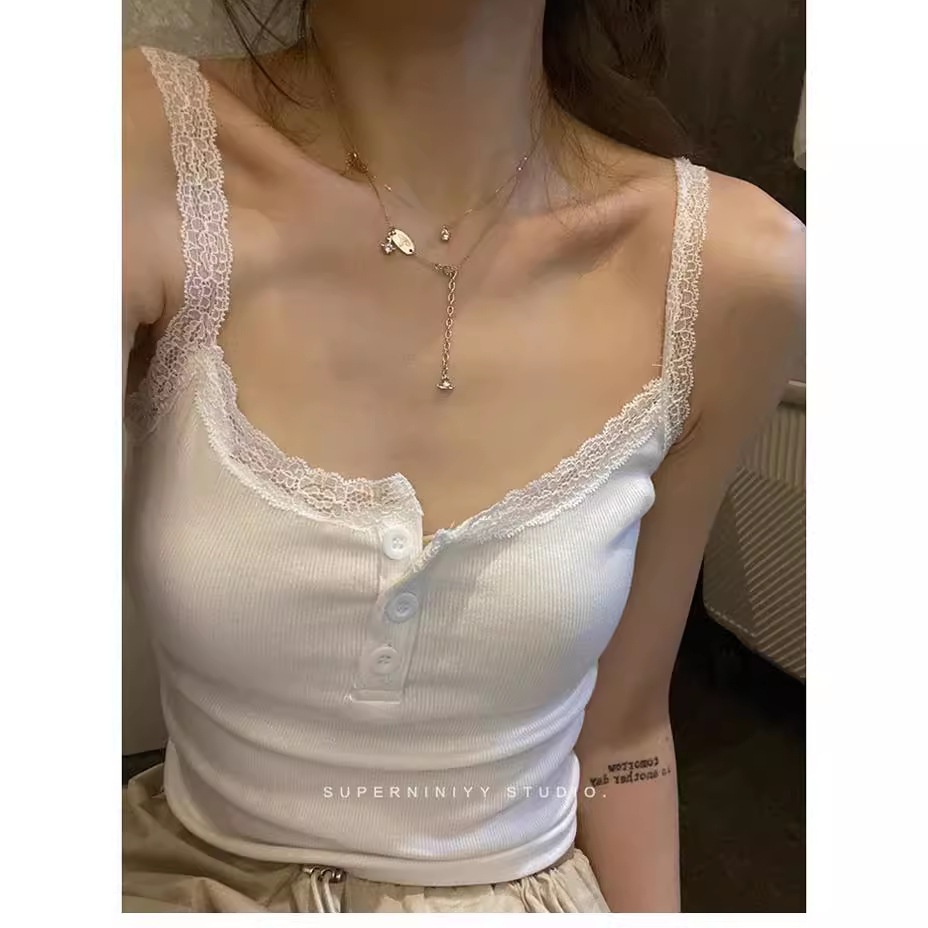 Picture of New Lace Inner Small Sling Spice Girl Slim-fit Sexy Vest Women's Design Sense Slim-fit Base Button Top Short