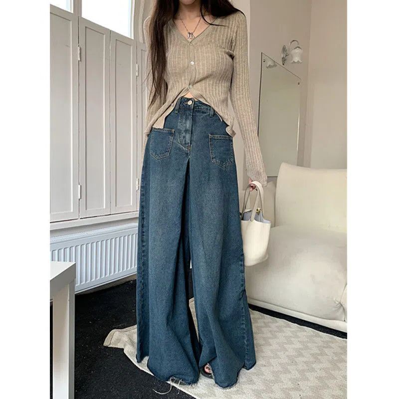 Autumn New Design Loose Hong Kong Style Retro High-Waisted Jeans for Women Slimming and Drapey Wide-Leg Floor-Length Trousers Trendy