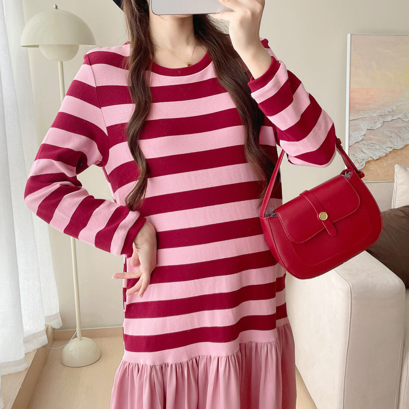 Picture of Pregnant women's clothing 2024 autumn new chubby girl loose long sleeve striped stitching sweater skirt women's long dress tide
